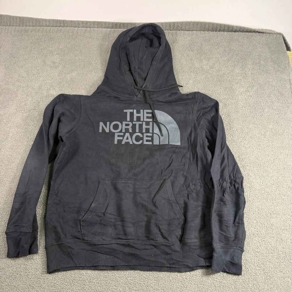 The North Face Mens Black Grey Logo Pullover Hoodie Sweatshirt Medium M